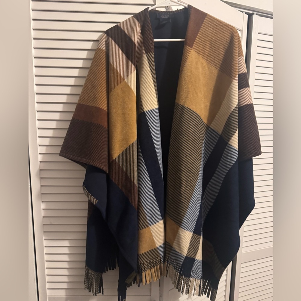 RACHEL Rachel Roy Navy, Mustard & Brown Plaid Fringe Wrap